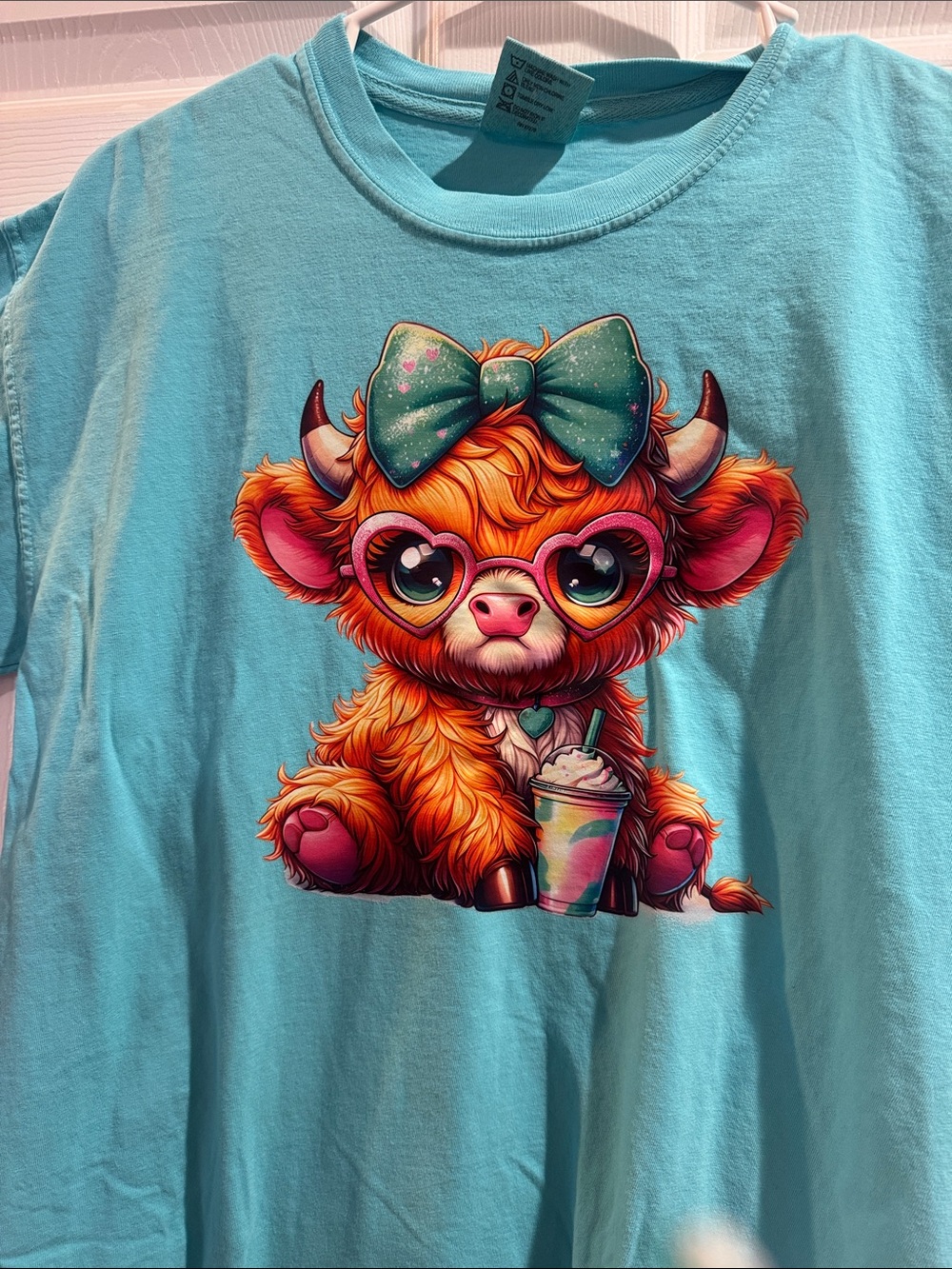 Women’s Teal Graphic Tee with Cute Highland Cow Print